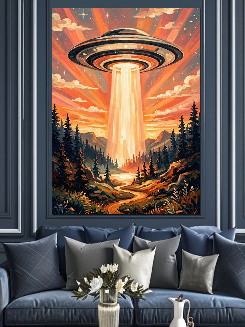 Orman Üzerinde UFO Işınlı Gün Batımı Kanvas Tablo