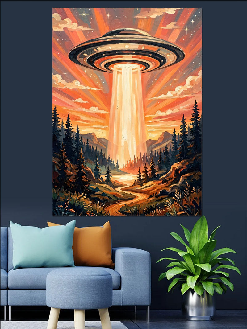 Orman Üzerinde UFO Işınlı Gün Batımı Kanvas Tablo