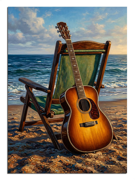 Sahilde şezlongda duran gitar