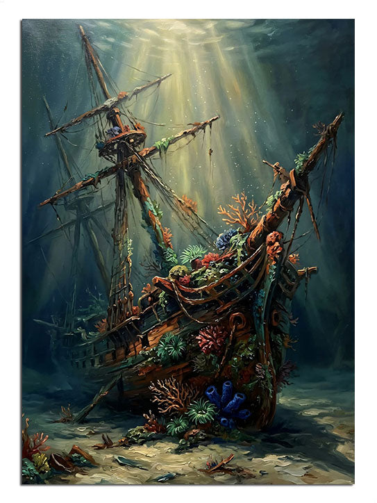 Sualtı batık gemi ve ışık huzmeli ve mercanlı