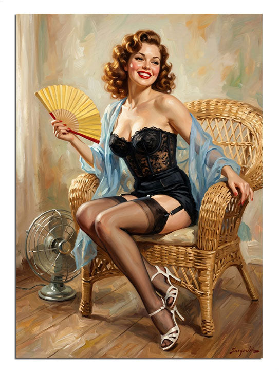 Yelpazeli ve siyah korseli ve sandalyede oturan pin-up kadın