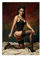 Silahlı ve siyah iç çamaşırlı ve diz çökmüş pin-up kadın