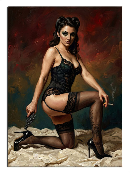 Silahlı ve siyah iç çamaşırlı ve diz çökmüş pin-up kadın