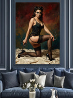 Silahlı Siyah İç Çamaşırlı Pin-up Kadın Diz Çökmüş Kanvas Tablo