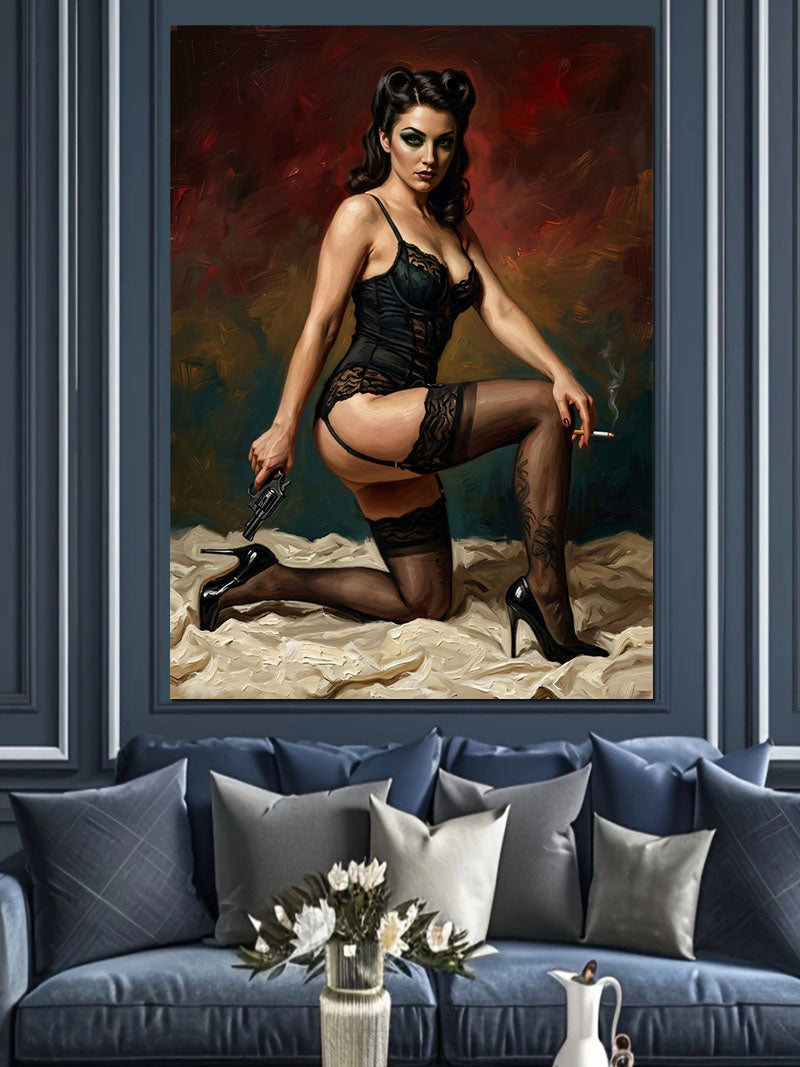 Silahlı Siyah İç Çamaşırlı Pin-up Kadın Diz Çökmüş Kanvas Tablo