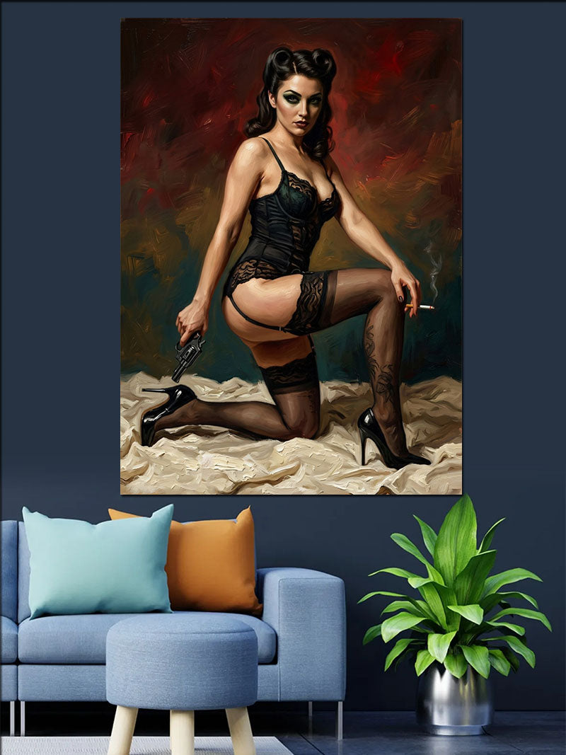 Silahlı Siyah İç Çamaşırlı Pin-up Kadın Diz Çökmüş Kanvas Tablo