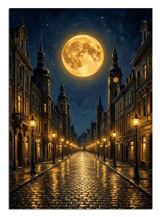 Dolunaylı eski taş sokak ve ışıklı gece