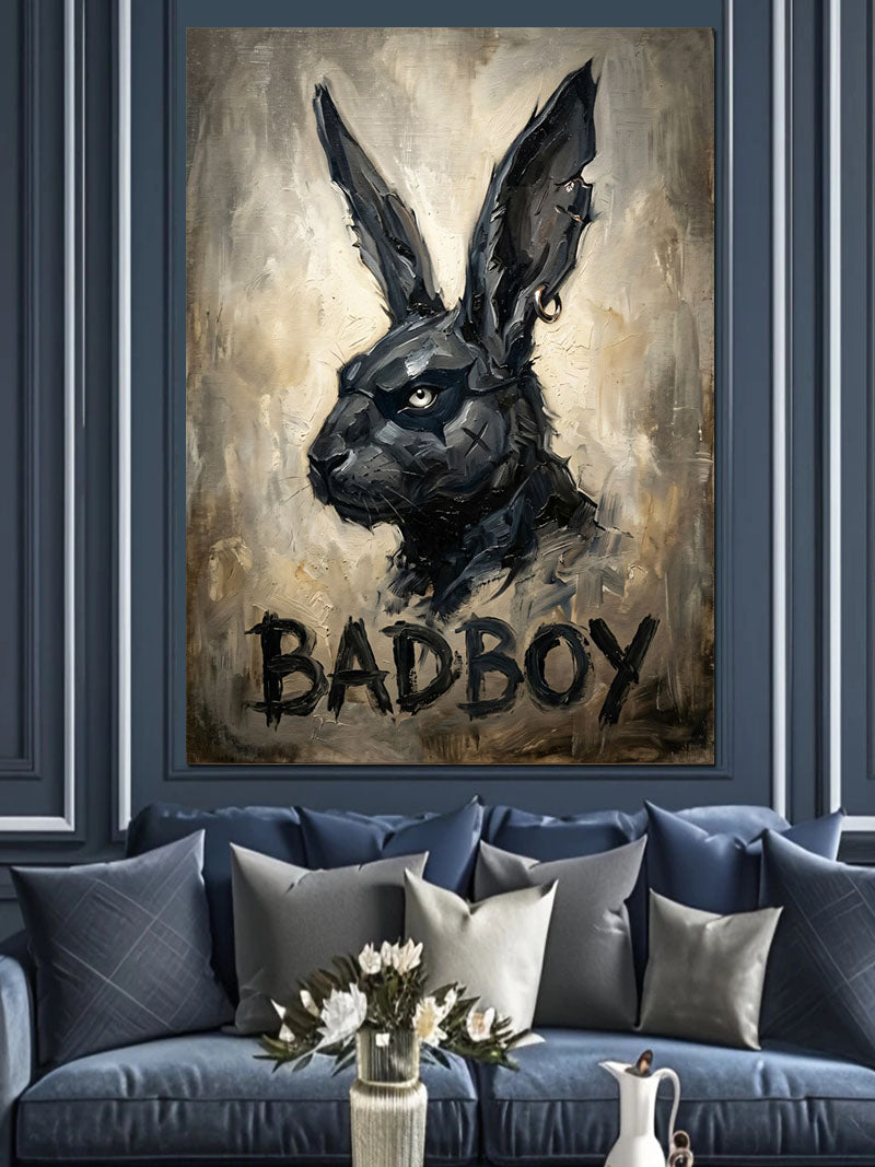 Siyah Tavşan ve BADBOY Yazılı Kanvas Tablo