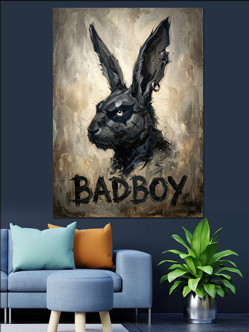 Siyah Tavşan ve BADBOY Yazılı Kanvas Tablo