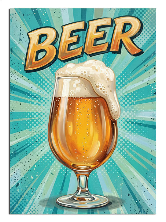 Köpüklü bira bardağı ve BEER yazılı retro poster