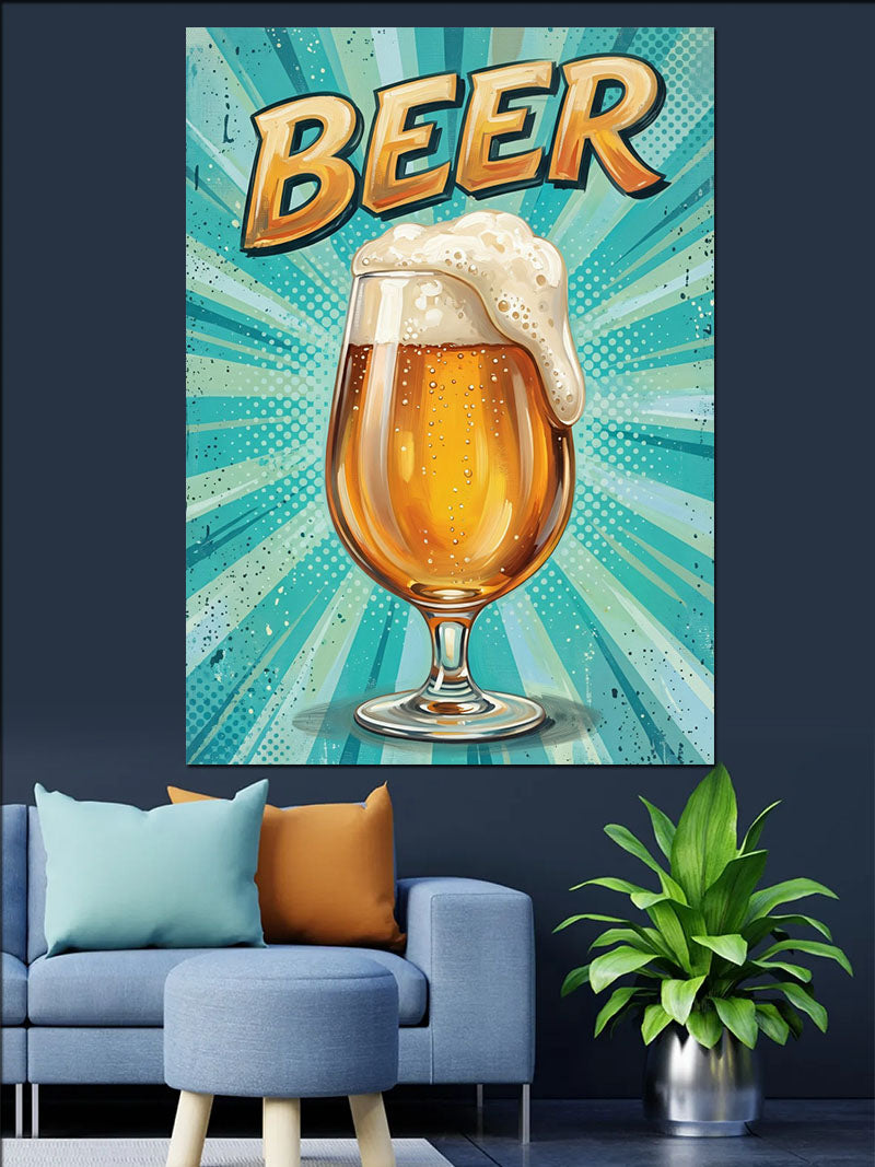 Köpüklü Bira Bardağı ve BEER Yazılı Retro Kanvas Tablo