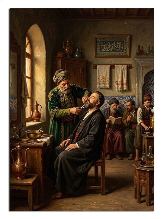 Berberde tıraş olan adam ve usta ve dükkanlı