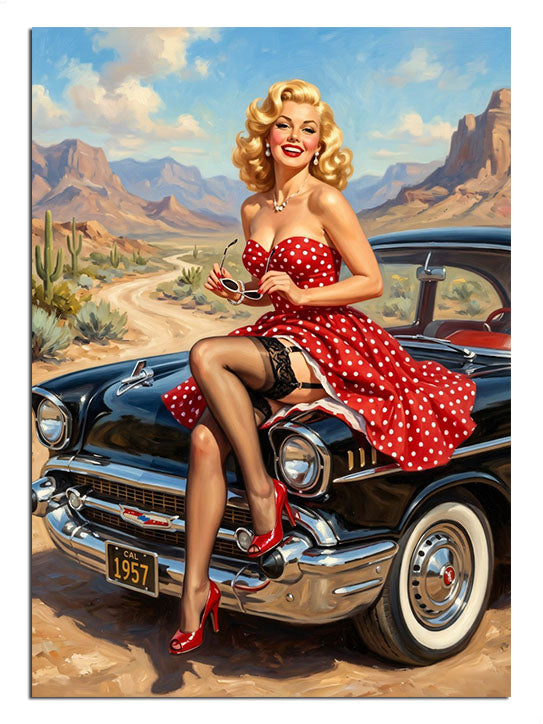 Kırmızı puanlı elbiseli ve arabada oturan pin-up kadın