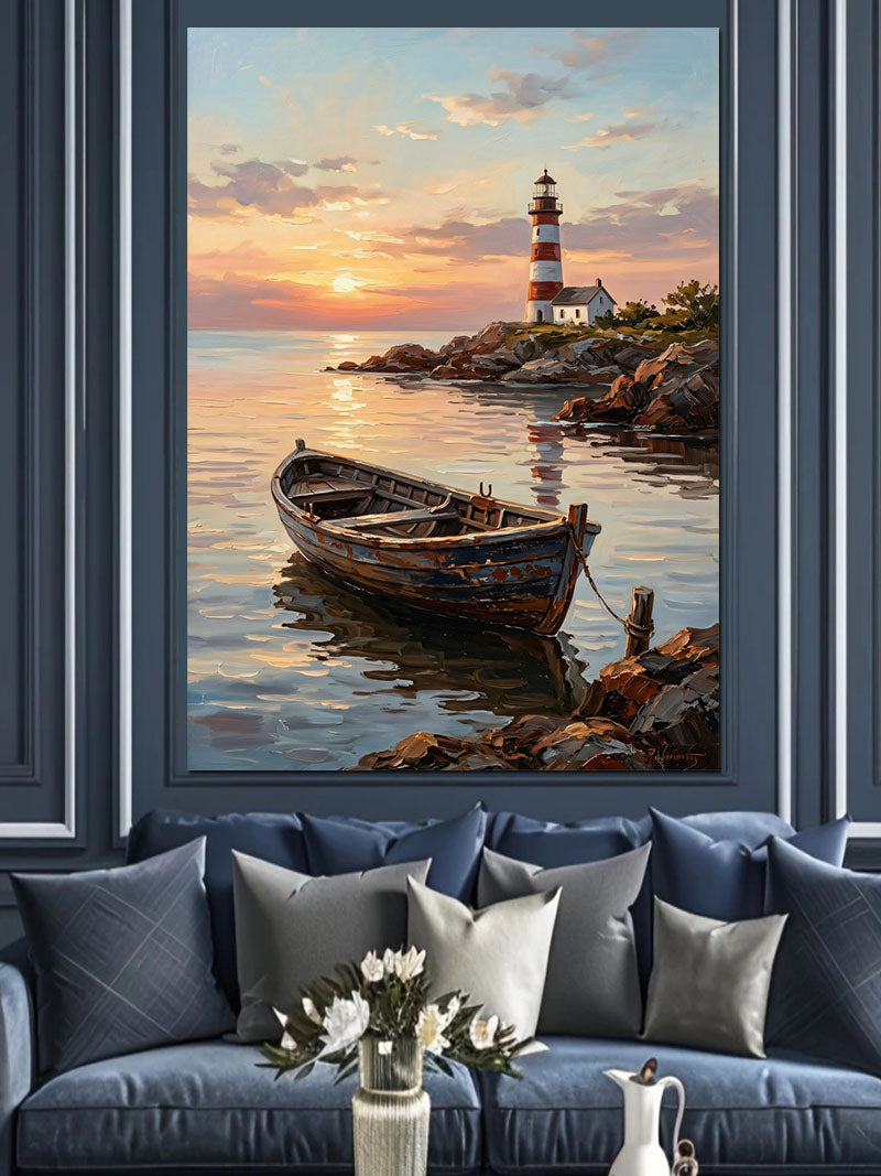 Gün Batımında Deniz Feneri ve Kayık Kanvas Tablo