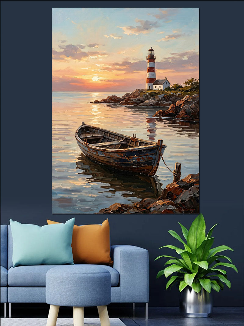 Gün Batımında Deniz Feneri ve Kayık Kanvas Tablo