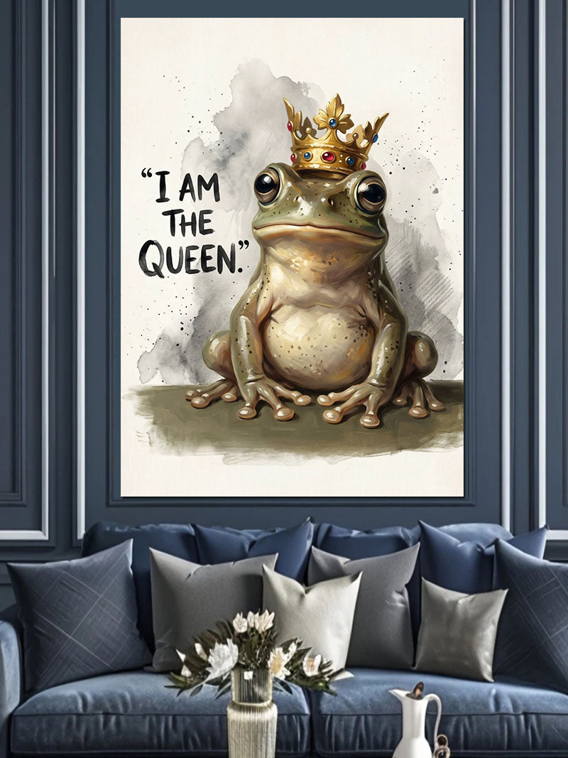 Taçlı Kurbağa ve I AM THE QUEEN Yazılı Kanvas Tablo