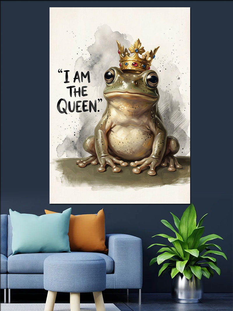 Taçlı Kurbağa ve I AM THE QUEEN Yazılı Kanvas Tablo