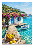 Mavi panjurlu ve limon sepetli ve deniz evi