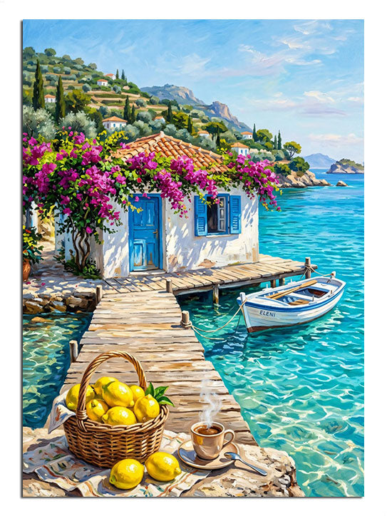 Mavi panjurlu ve limon sepetli ve deniz evi