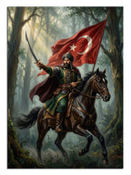 Türk bayraklı ve atlı ve kılıçlı Osmanlı savaşçısı