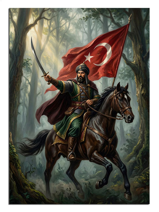 Türk bayraklı ve atlı ve kılıçlı Osmanlı savaşçısı