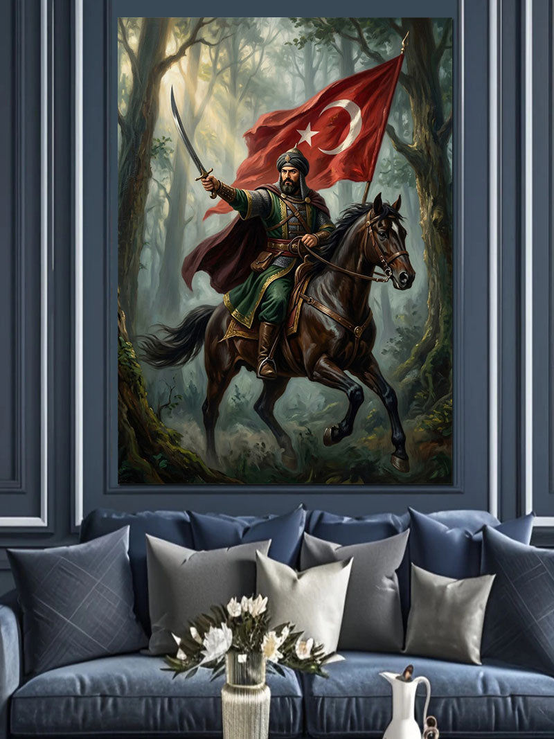 Türk Bayraklı Atlı Osmanlı Savaşçısı Kanvas Tablo