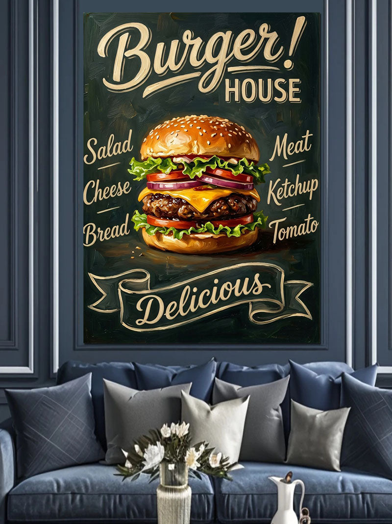 Burger House Hamburger ve Yazılı Poster Kanvas Tablo