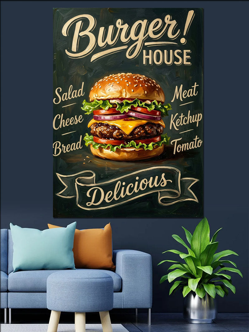Burger House Hamburger ve Yazılı Poster Kanvas Tablo