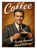 Coffee yazılı kahve içen takım elbiseli adam retro poster
