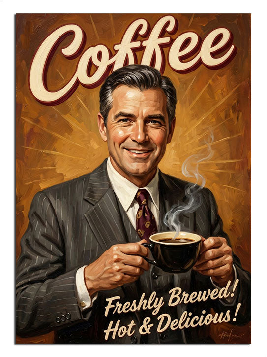 Coffee yazılı kahve içen takım elbiseli adam retro poster