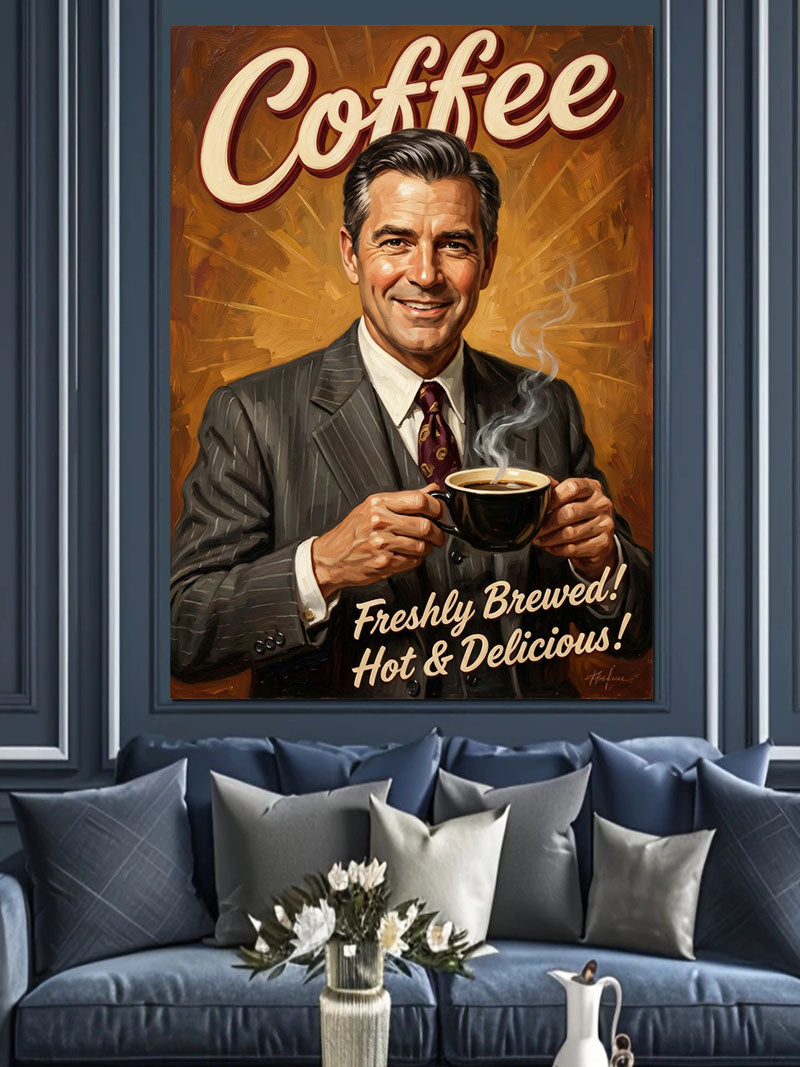 Kahve İçen Takım Elbiseli Adam Retro Poster Kanvas Tablo