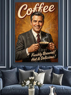 Kahve İçen Takım Elbiseli Adam Retro Poster Kanvas Tablo