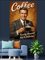 Kahve İçen Takım Elbiseli Adam Retro Poster Kanvas Tablo