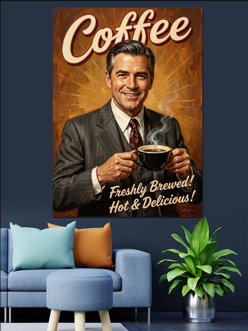 Kahve İçen Takım Elbiseli Adam Retro Poster Kanvas Tablo