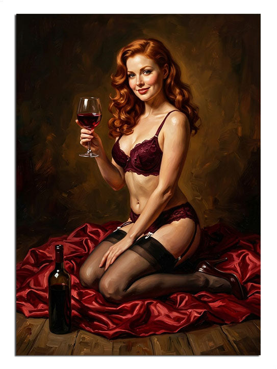 Kırmızı kumaşta şarap kadehli ve iç çamaşırlı pin-up kadın