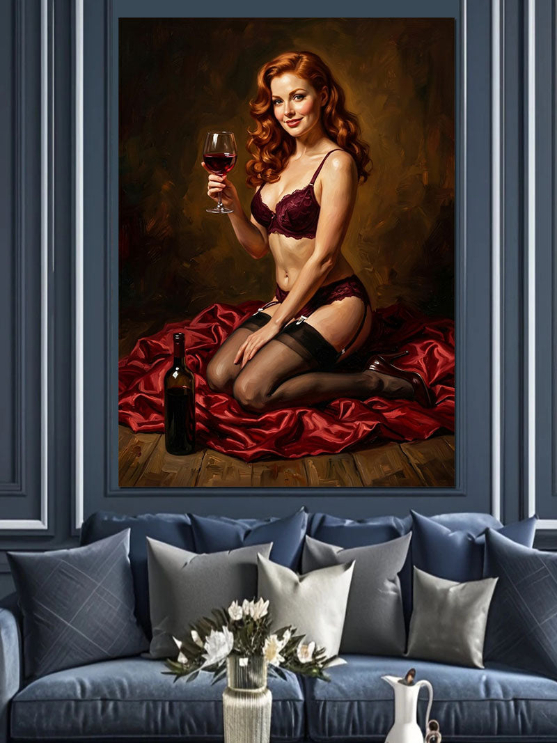 Kırmızı Kumaşta Şarap Kadehli Pin-up Kadın Kanvas Tablo