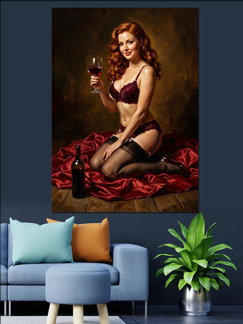 Kırmızı Kumaşta Şarap Kadehli Pin-up Kadın Kanvas Tablo