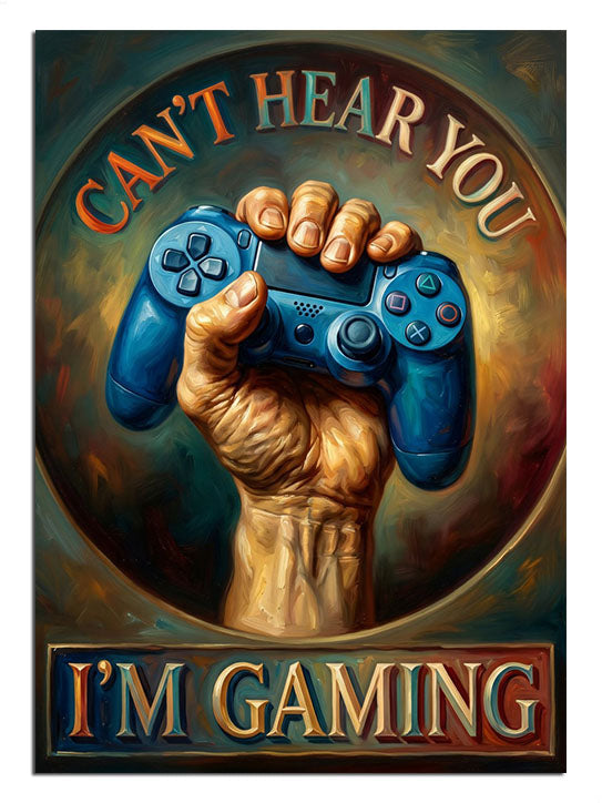 Mavi oyun kolu tutan el ve CAN'T HEAR YOU I'M GAMING yazılı