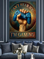 Mavi Oyun Kolu Tutan El ve CAN'T HEAR YOU I'M GAMING Yazılı Kanvas Tablo