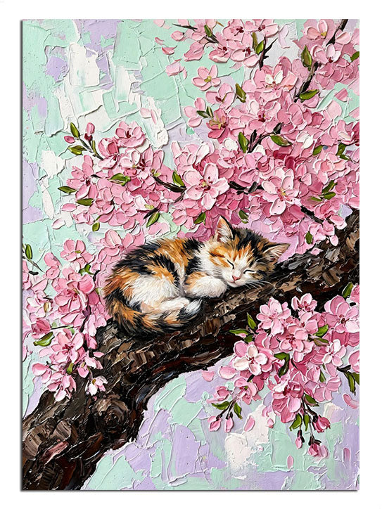 Kiraz dalında uyuyan tekir kedi ve pembe çiçekli