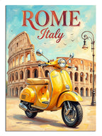 ROME Italy yazılı Roma Kolezyum ve sarı Vespa poster