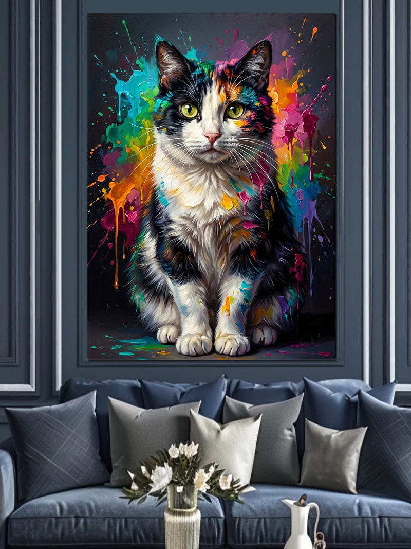 Renkli Boyalı Gri Kedi Kanvas Tablo