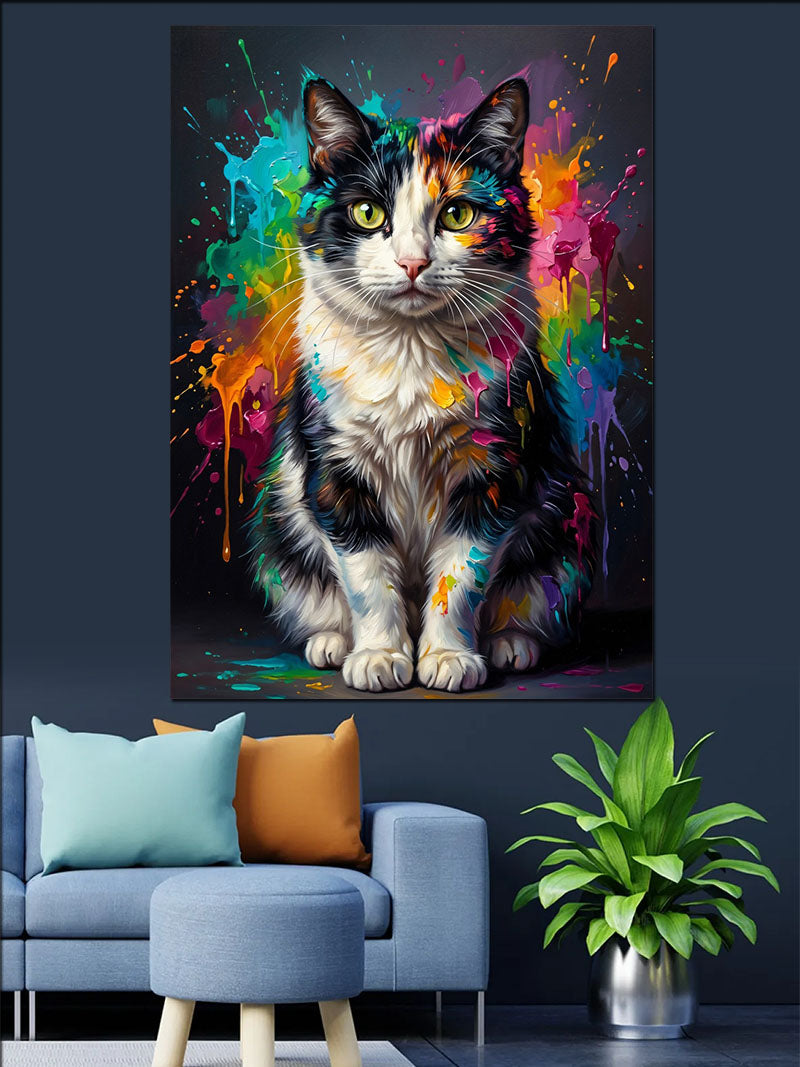 Renkli Boyalı Gri Kedi Kanvas Tablo