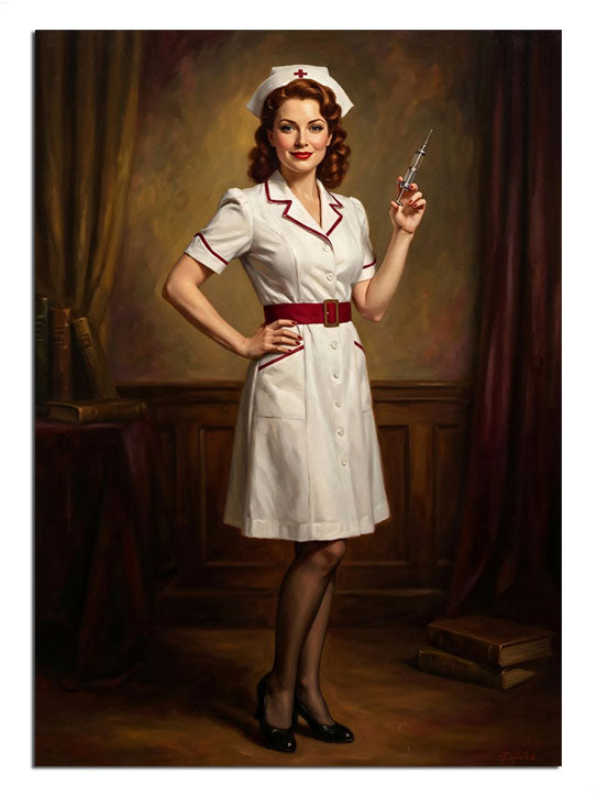 Elinde şırınga tutan hemşire pin-up kadın