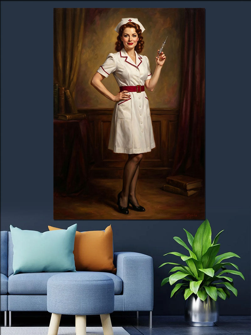 Elinde Şırınga Tutan Hemşire Pin-up Kanvas Tablo