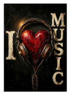 Kulaklıklı kırmızı kalp ve I LOVE MUSIC yazılı