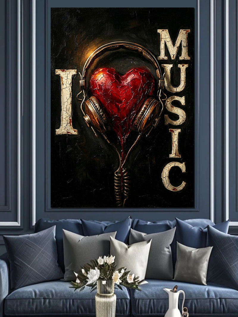Kulaklıklı Kırmızı Kalp ve I LOVE MUSIC Yazılı Kanvas Tablo