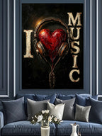 Kulaklıklı Kırmızı Kalp ve I LOVE MUSIC Yazılı Kanvas Tablo