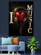 Kulaklıklı Kırmızı Kalp ve I LOVE MUSIC Yazılı Kanvas Tablo