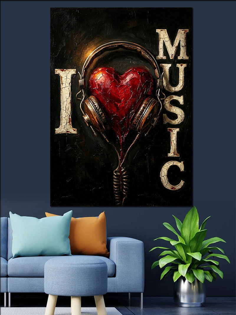 Kulaklıklı Kırmızı Kalp ve I LOVE MUSIC Yazılı Kanvas Tablo